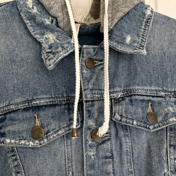 Free People Blue Denim Distressed Jacket with Gray Sleeves and hood - Picture 7 of 7